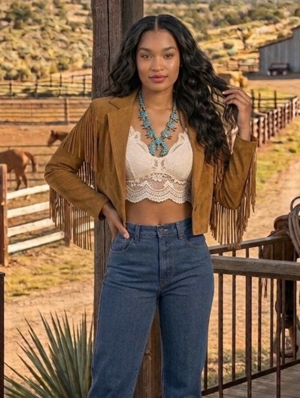 Vintage 90s Y2K Pioneer Wear Cognac Brown Suede Leather Fringe Western Jacket
